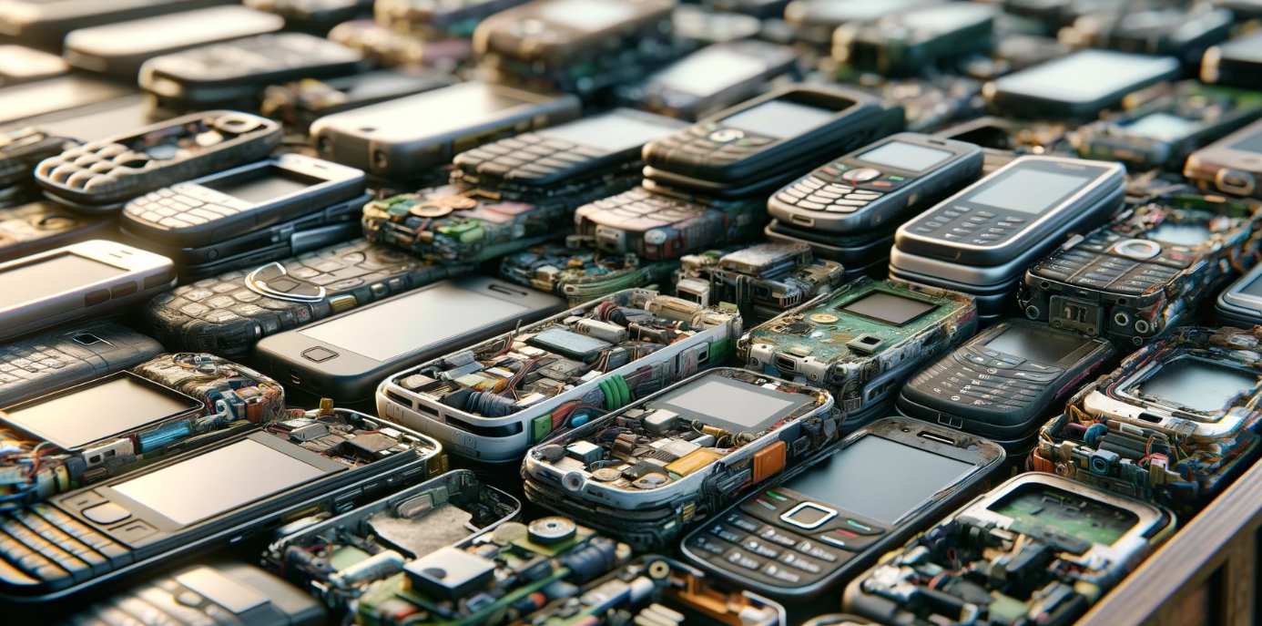 Collection of old cell phones prepared for recycling and proper disposal.